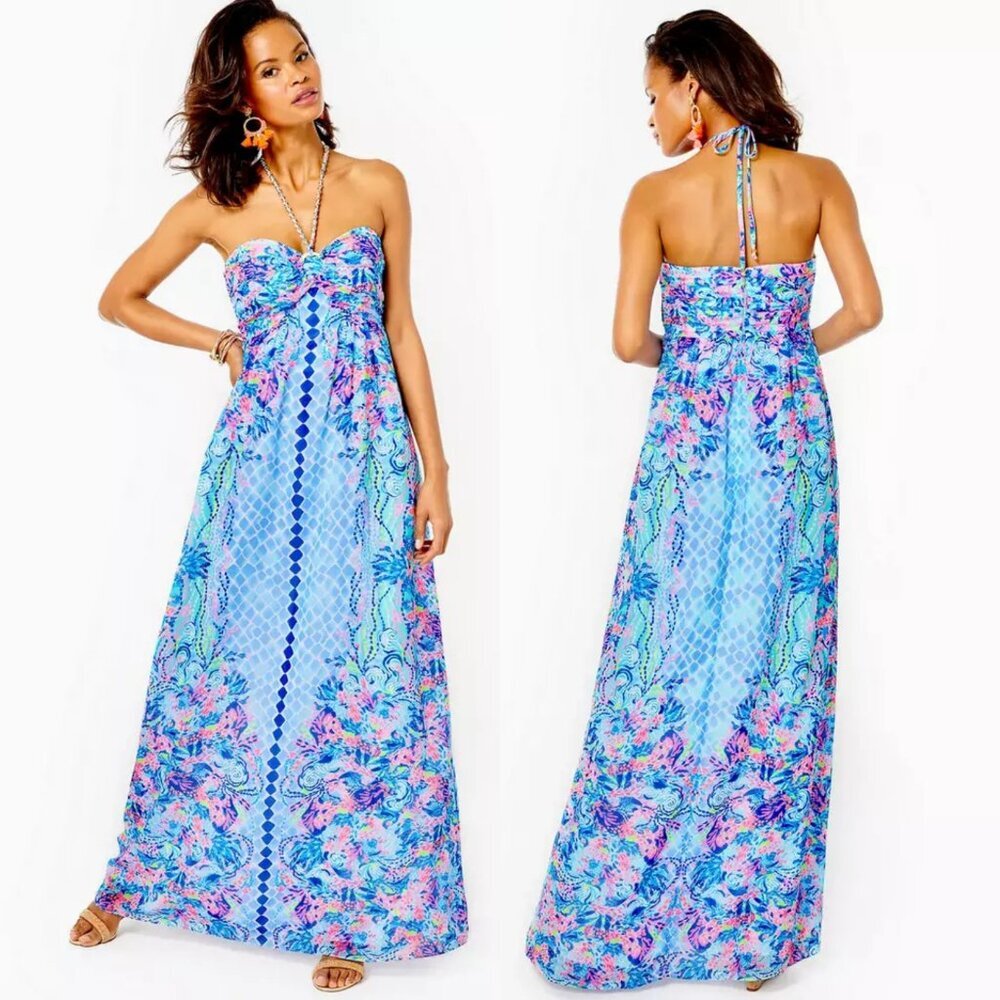 Lilly Pulitzer Blue Floral Halter-Back Strapless Maxi Dress